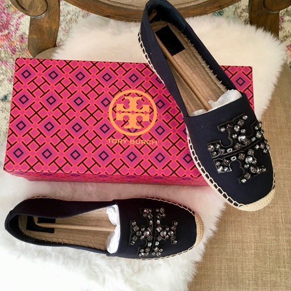 Tory Burch Ines Embellished Logo Flat Casual Canvas Espadrille, Sz 8 - Picture 3 of 13